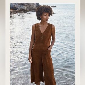EUC Sz 8 Poetry Brown Linen Blend V-Neck Wide-Leg Jumpsuit